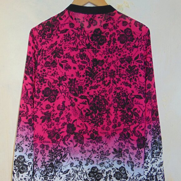 Nicole by Nicole Miller Ombre Pink Sheer Black Floral Button Up Collar Blouse L - Picture 10 of 11